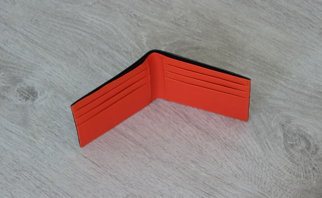 Flap wallet for men - Black patent and Orange Leather