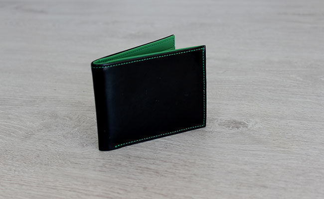 Leather flap wallet for men - Black patent and Bunker Green Leather