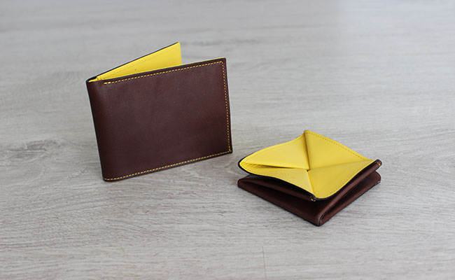 Men wallet - flap model - Row Brown and Yellow leather