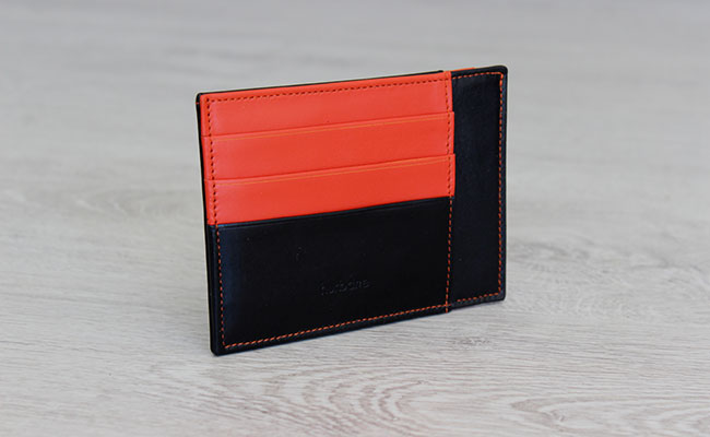 rigid wallet for men - Black patent and Orange Leather