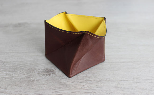 Origami leather coin purse - Row Brown and yellow leather