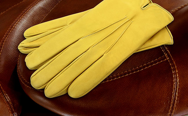 Men's coloured leather gloves - fitted straight cut - Yellow Lime leather